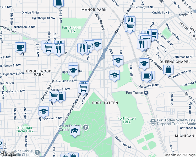 map of restaurants, bars, coffee shops, grocery stores, and more near 35 Hamilton Street Northwest in Washington