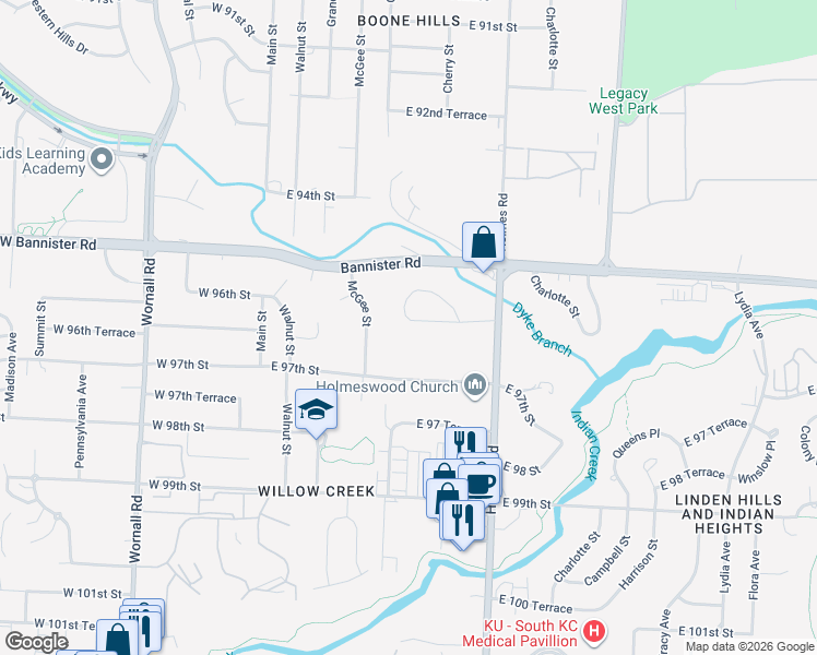 map of restaurants, bars, coffee shops, grocery stores, and more near 615 East 96th Street in Kansas City