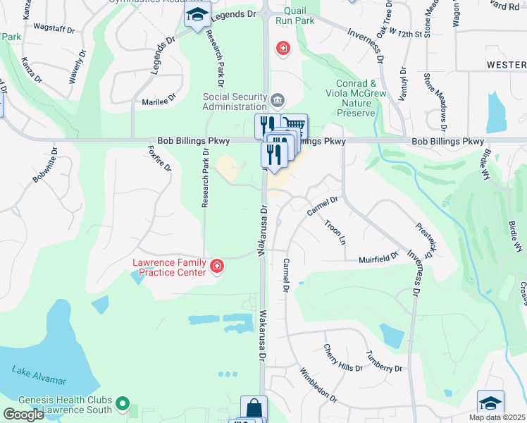 map of restaurants, bars, coffee shops, grocery stores, and more near 1685 Wakarusa Drive in Lawrence