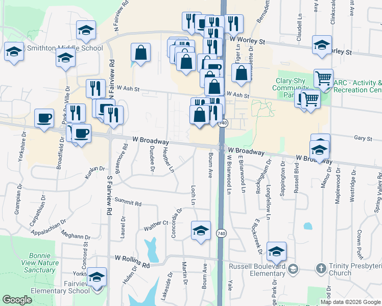 map of restaurants, bars, coffee shops, grocery stores, and more near 2315 Highland Drive in Columbia