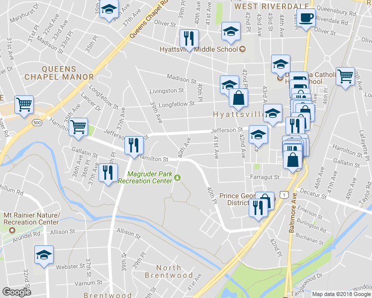map of restaurants, bars, coffee shops, grocery stores, and more near 5301 40th Avenue in Hyattsville