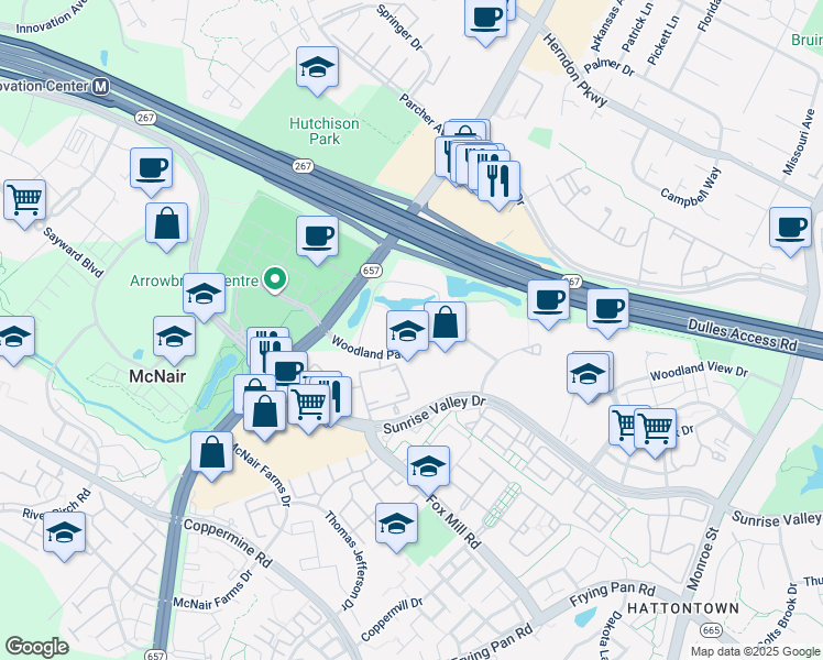 map of restaurants, bars, coffee shops, grocery stores, and more near 13248 Lake Woodland Way in Herndon