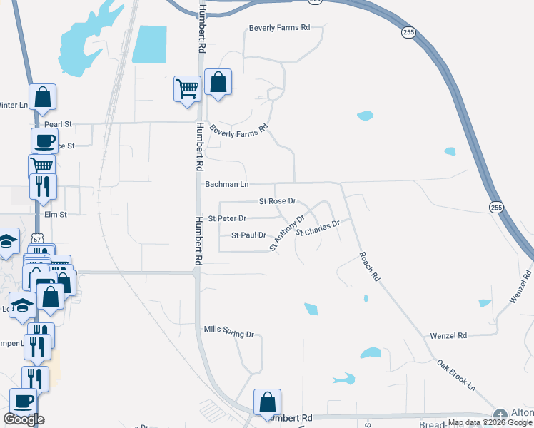map of restaurants, bars, coffee shops, grocery stores, and more near 623 Saint Peter Drive in Godfrey