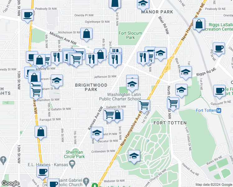 map of restaurants, bars, coffee shops, grocery stores, and more near 5204 3rd Street Northwest in Washington