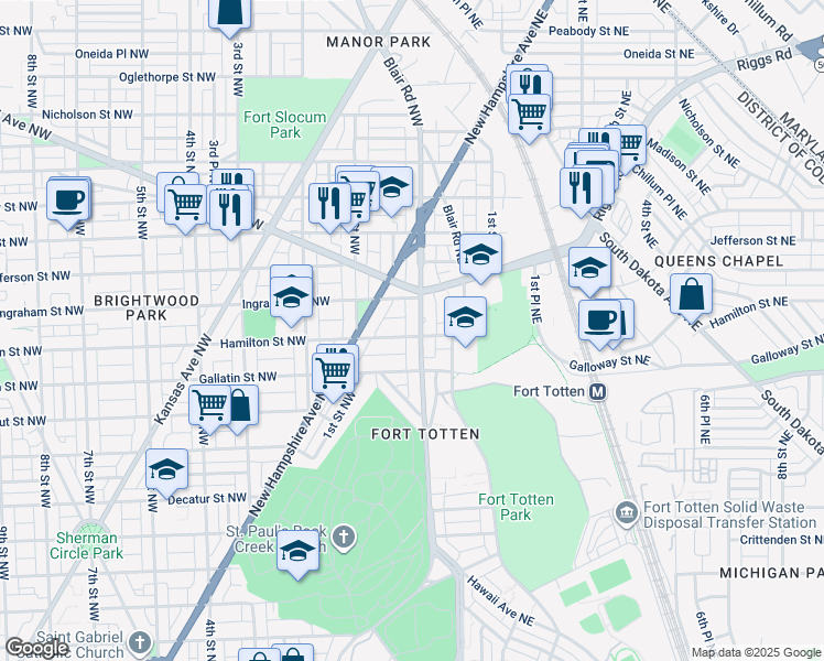 map of restaurants, bars, coffee shops, grocery stores, and more near 5200 North Capitol Street Northwest in Washington