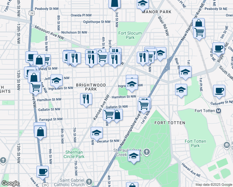 map of restaurants, bars, coffee shops, grocery stores, and more near 5204 3rd Street Northwest in Washington