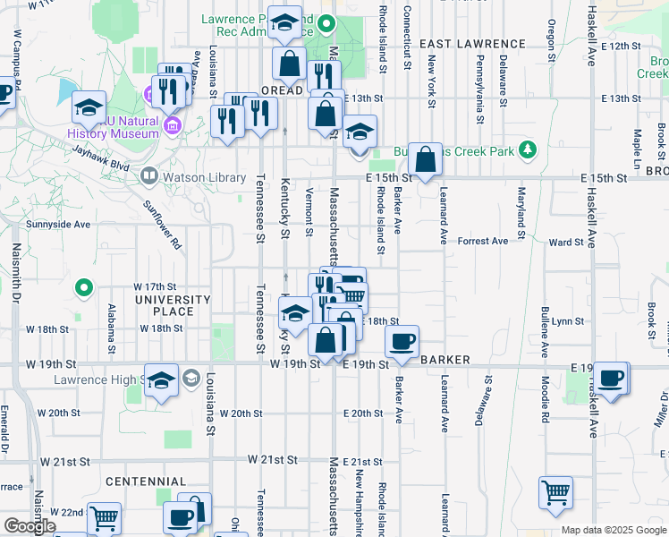 map of restaurants, bars, coffee shops, grocery stores, and more near 101 East 17th Street in Lawrence