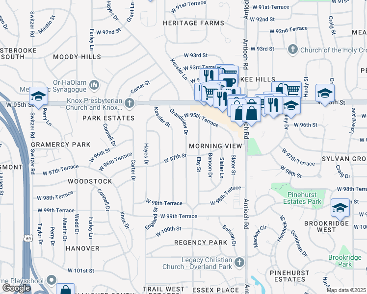 map of restaurants, bars, coffee shops, grocery stores, and more near 9624 Grandview Drive in Overland Park