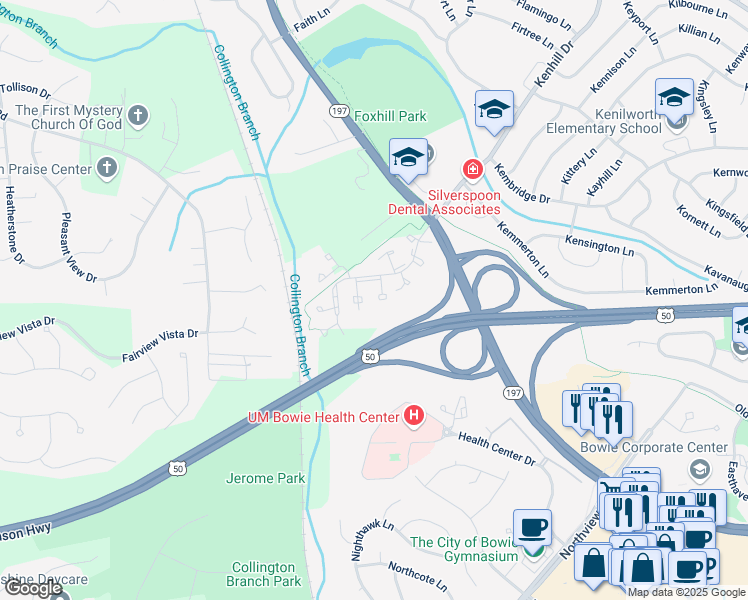 map of restaurants, bars, coffee shops, grocery stores, and more near 14731 London Lane in Bowie