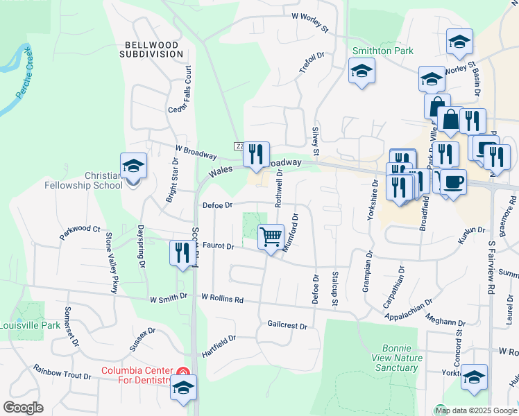 map of restaurants, bars, coffee shops, grocery stores, and more near 4008 Defoe Drive in Columbia