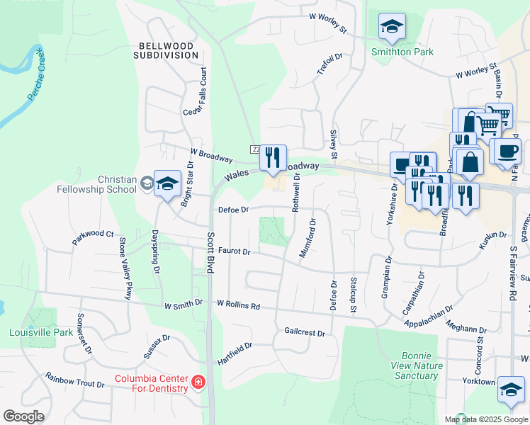 map of restaurants, bars, coffee shops, grocery stores, and more near 4008 Defoe Drive in Columbia