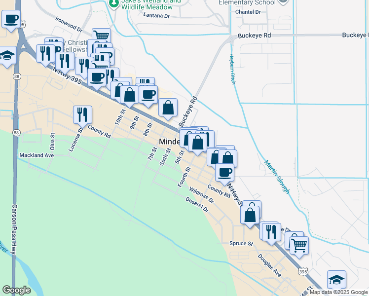 map of restaurants, bars, coffee shops, grocery stores, and more near 1606 Esmeralda Avenue in Minden