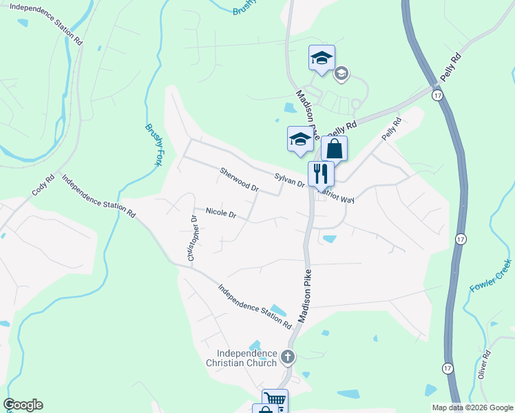 map of restaurants, bars, coffee shops, grocery stores, and more near 107 Friar Tuck Drive in Independence