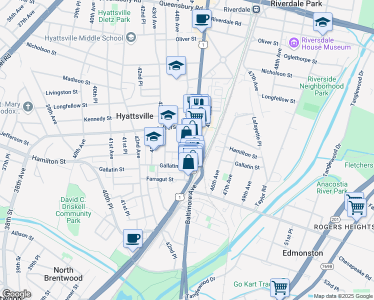 map of restaurants, bars, coffee shops, grocery stores, and more near 4318 Hamilton Street in Hyattsville