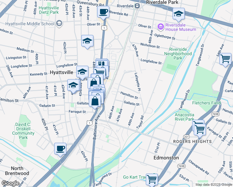 map of restaurants, bars, coffee shops, grocery stores, and more near 5300a 46th Avenue in Hyattsville