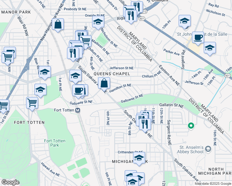 map of restaurants, bars, coffee shops, grocery stores, and more near 5171 South Dakota Avenue Northeast in Washington