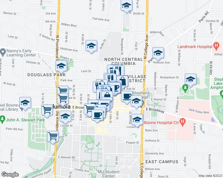 map of restaurants, bars, coffee shops, grocery stores, and more near 208 North 10th Street in Columbia