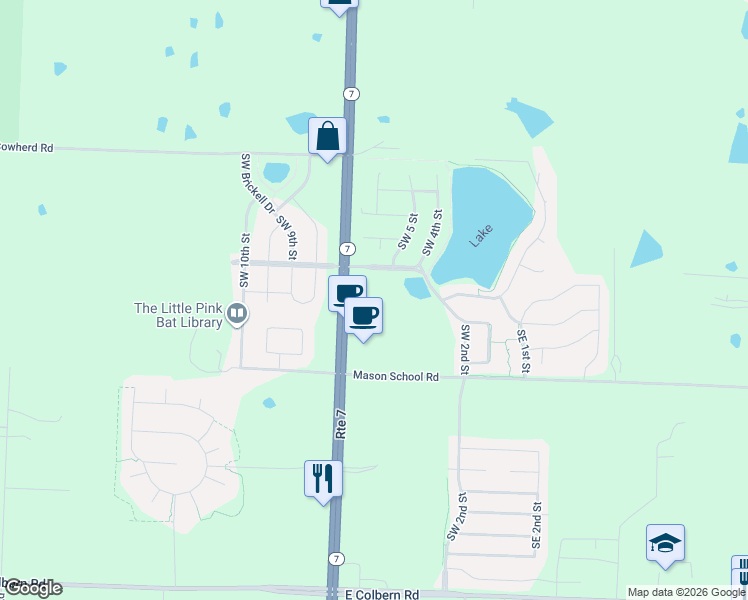 map of restaurants, bars, coffee shops, grocery stores, and more near 500 Southwest Chapman Farms Drive in Blue Springs