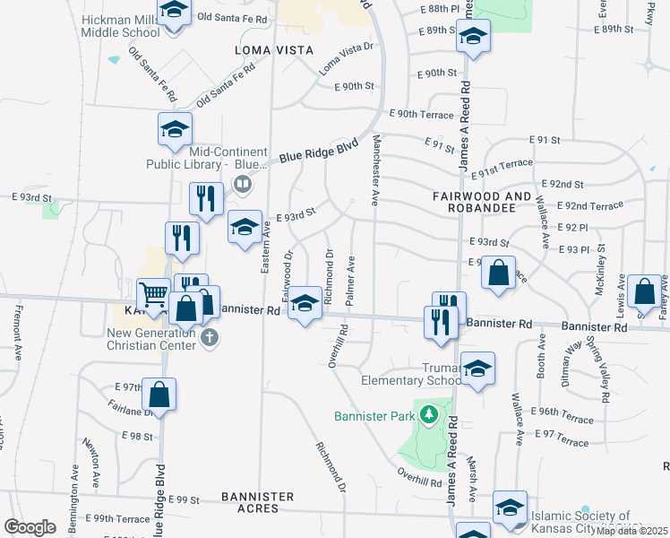 map of restaurants, bars, coffee shops, grocery stores, and more near 9401 Richmond Drive in Kansas City