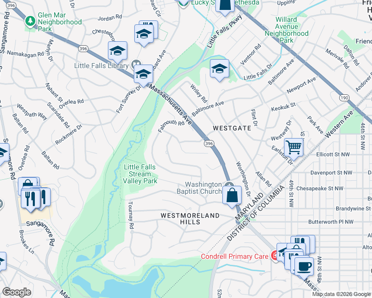 map of restaurants, bars, coffee shops, grocery stores, and more near 5115 Cammack Drive in Bethesda
