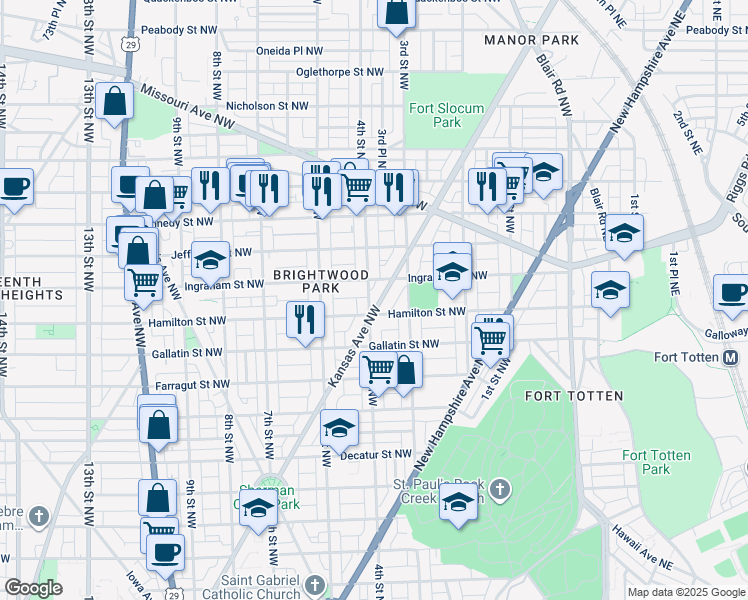 map of restaurants, bars, coffee shops, grocery stores, and more near 5200 Kansas Avenue Northwest in Washington