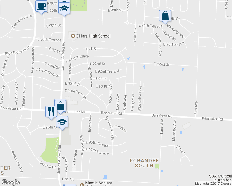 map of restaurants, bars, coffee shops, grocery stores, and more near 9312 Lewis Avenue in Kansas City