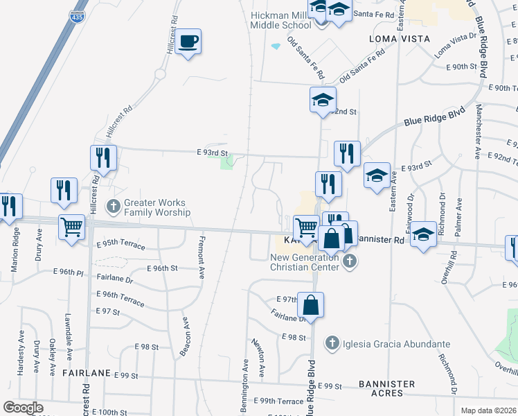 map of restaurants, bars, coffee shops, grocery stores, and more near 9400 Newton Avenue in Kansas City