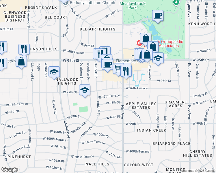 map of restaurants, bars, coffee shops, grocery stores, and more near 5700 West 97th Street in Overland Park