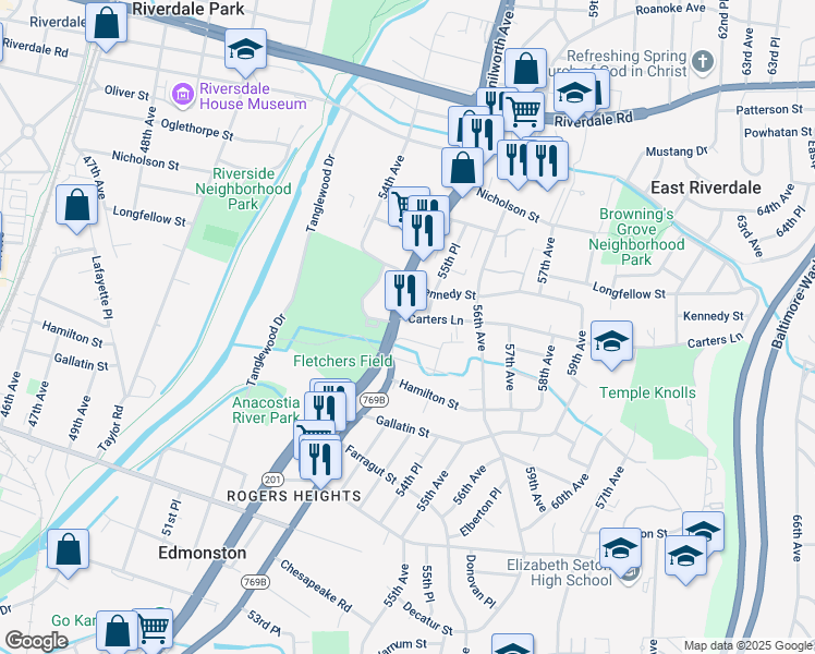 map of restaurants, bars, coffee shops, grocery stores, and more near 5401 Carters Lane in Prince George's County