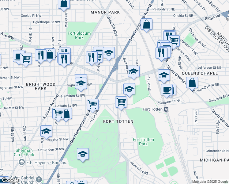 map of restaurants, bars, coffee shops, grocery stores, and more near 5200 North Capitol Street Northwest in Washington
