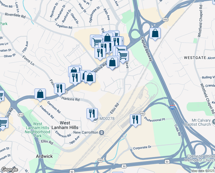 map of restaurants, bars, coffee shops, grocery stores, and more near 5408 85th Avenue in New Carrollton