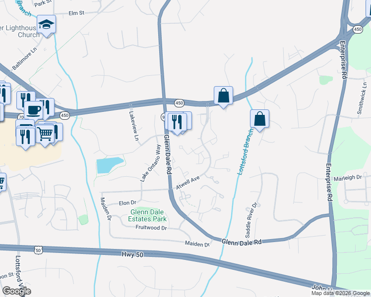 map of restaurants, bars, coffee shops, grocery stores, and more near 11214 Raging Brook Drive in Bowie