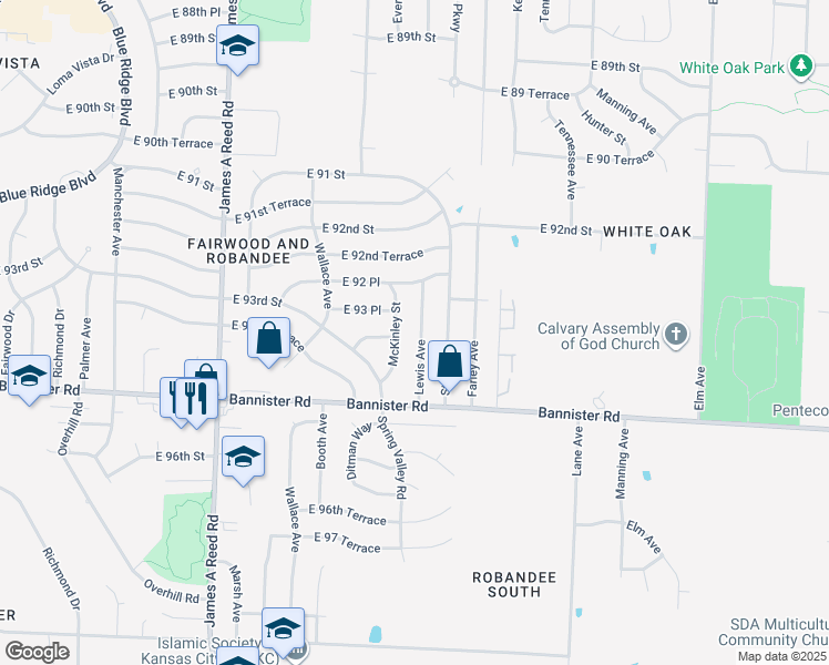 map of restaurants, bars, coffee shops, grocery stores, and more near 9312 Lewis Avenue in Kansas City