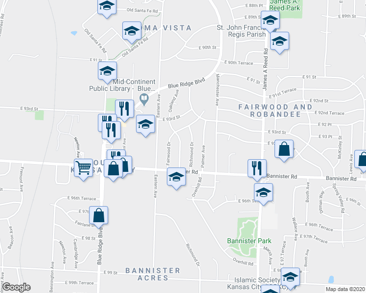 map of restaurants, bars, coffee shops, grocery stores, and more near 9401 Oakland Avenue in Kansas City