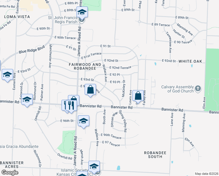 map of restaurants, bars, coffee shops, grocery stores, and more near 8505 East 93rd Street in Kansas City