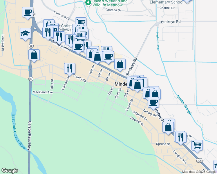 map of restaurants, bars, coffee shops, grocery stores, and more near 1638 Mono Avenue in Minden