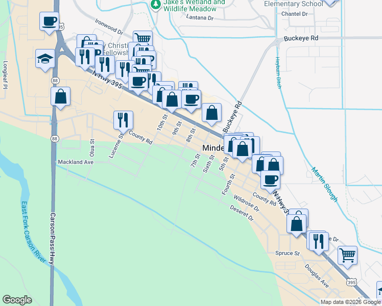 map of restaurants, bars, coffee shops, grocery stores, and more near 1638 Mono Avenue in Minden