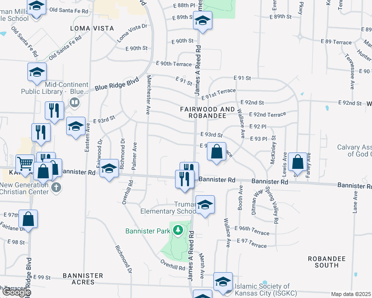 map of restaurants, bars, coffee shops, grocery stores, and more near 8103 East 93rd Terrace in Kansas City