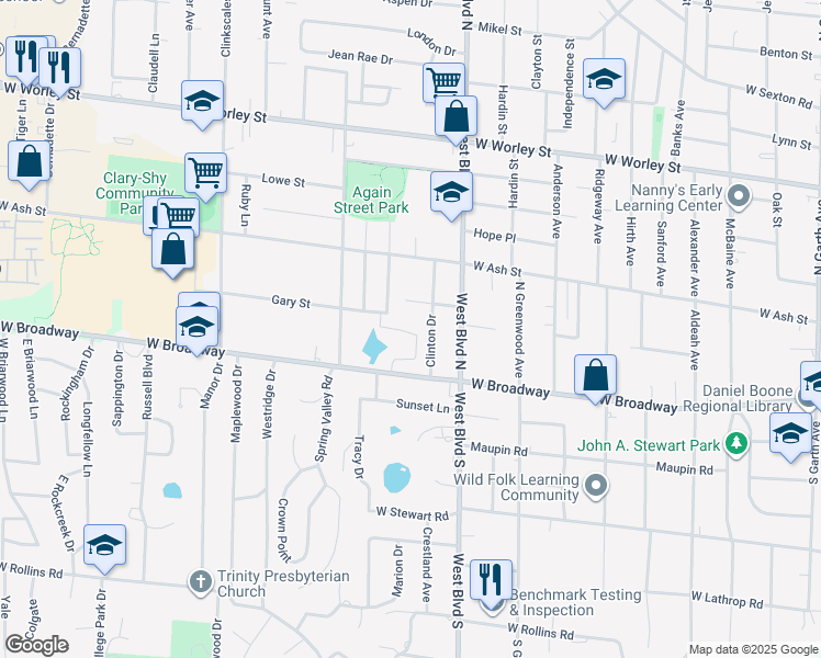map of restaurants, bars, coffee shops, grocery stores, and more near 1111 West Broadway in Columbia