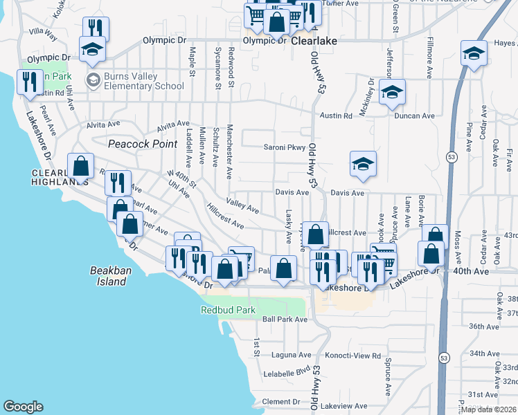 map of restaurants, bars, coffee shops, grocery stores, and more near 14880 Valley Avenue in Clearlake