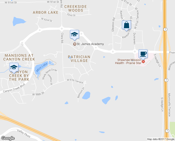 map of restaurants, bars, coffee shops, grocery stores, and more near 9633 South Appleridge Lane in Lenexa