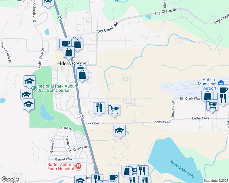 map of restaurants, bars, coffee shops, grocery stores, and more near 12225 Shale Ridge Road in Auburn