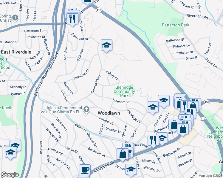 map of restaurants, bars, coffee shops, grocery stores, and more near 5105 Wiley Street in Woodlawn