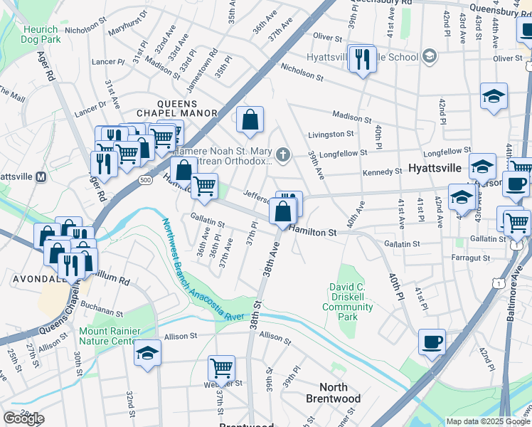 map of restaurants, bars, coffee shops, grocery stores, and more near 101 Independence Avenue Southeast in Washington