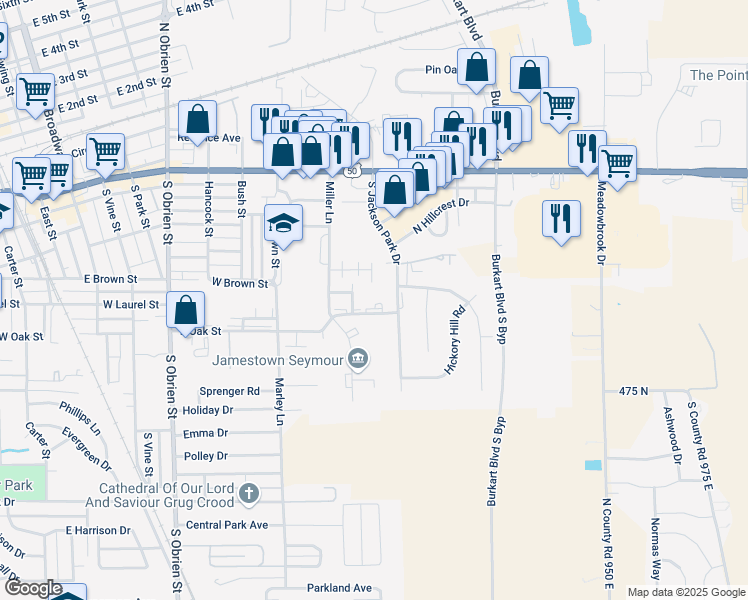 map of restaurants, bars, coffee shops, grocery stores, and more near 712 South Jackson Park Drive in Seymour
