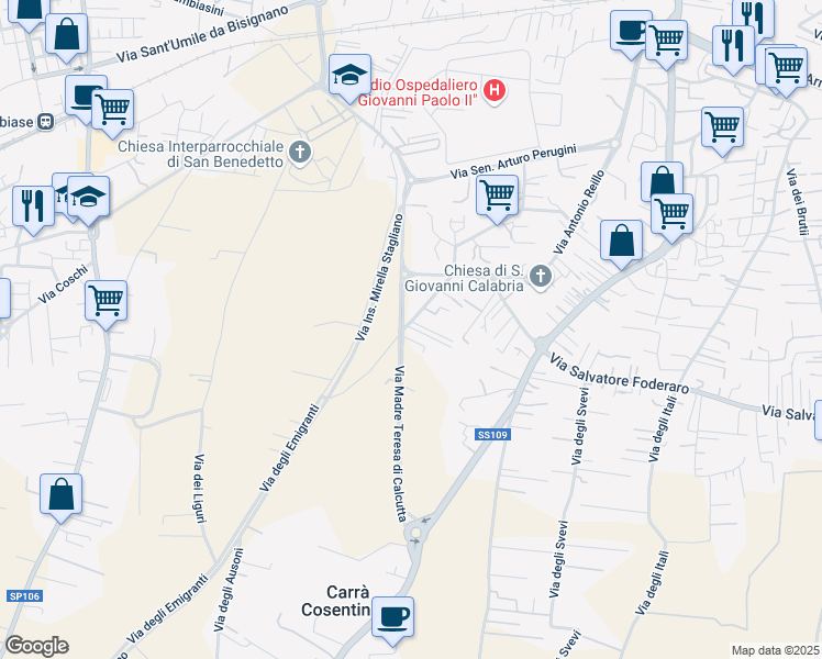 map of restaurants, bars, coffee shops, grocery stores, and more near 105 Via degli Enotri in Lamezia Terme