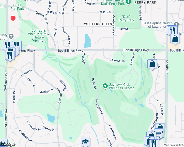 map of restaurants, bars, coffee shops, grocery stores, and more near Birdie Way in Lawrence