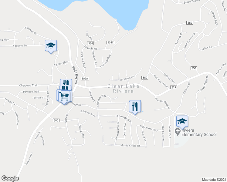 map of restaurants, bars, coffee shops, grocery stores, and more near 10009 Point Lakeview Road in Kelseyville