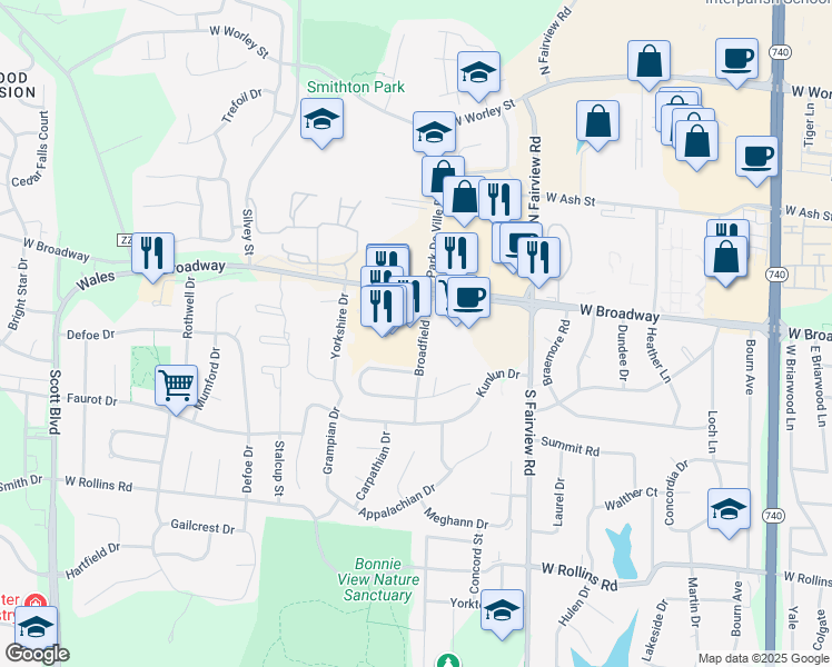 map of restaurants, bars, coffee shops, grocery stores, and more near 3200 West Broadway Business Park Court in Columbia