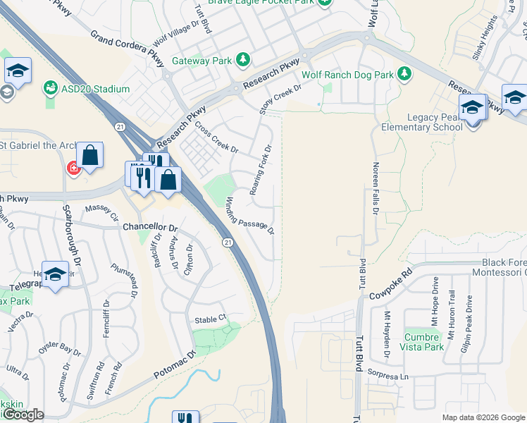 map of restaurants, bars, coffee shops, grocery stores, and more near 8424 Roaring Fork Drive in Colorado Springs